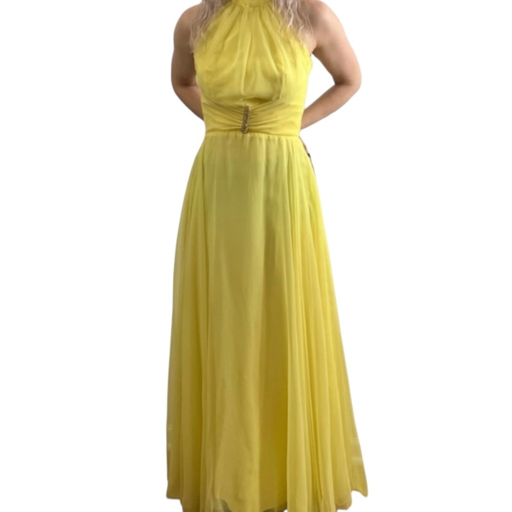 Stunning 1960’s Vintage Yellow Chiffon Maxi Dress, Small, 25” - 26” Waist